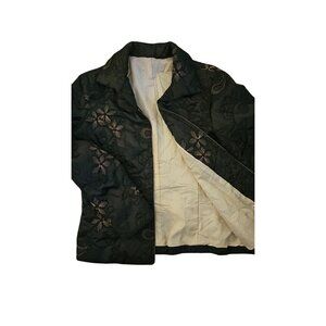 Black Floral Embroidered Zip-Up Jacket With White Lining Womens Medium Lightweig